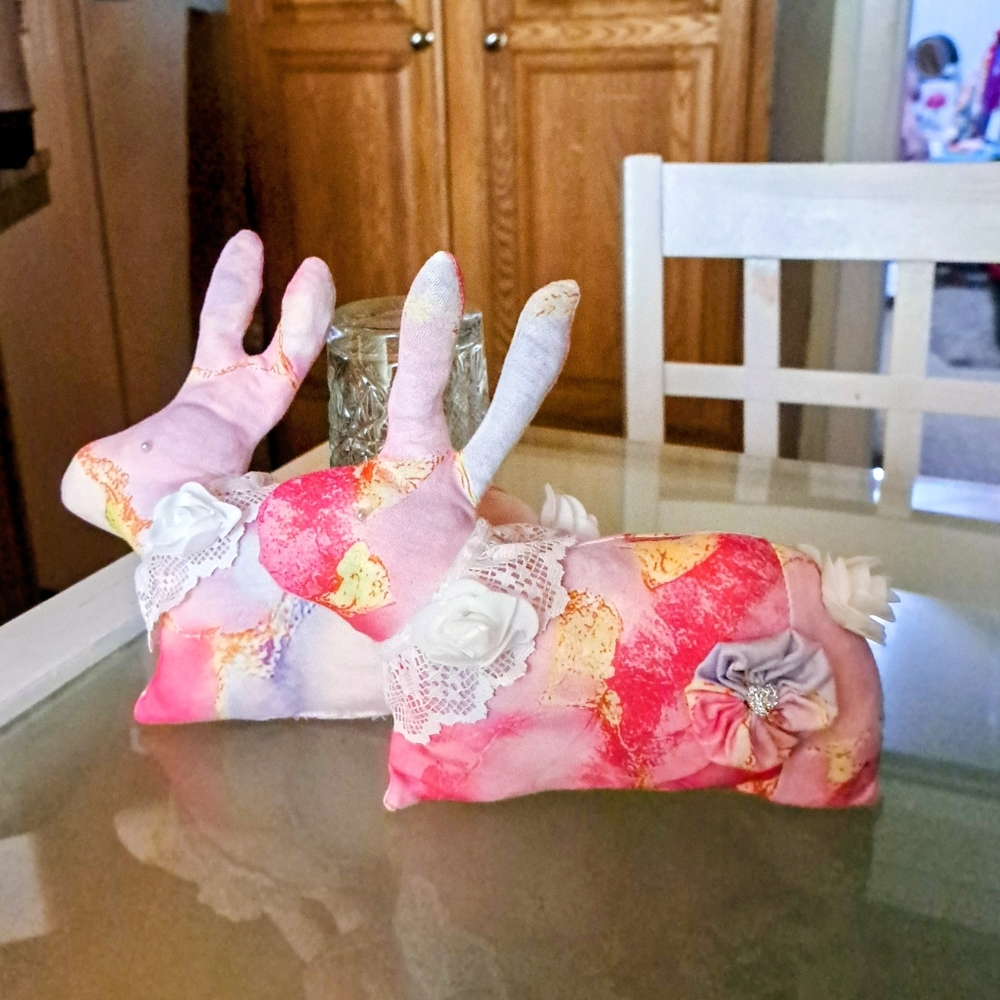 Two Cute  Bunnies 9" Long  7" Tall + A FREE GIFT